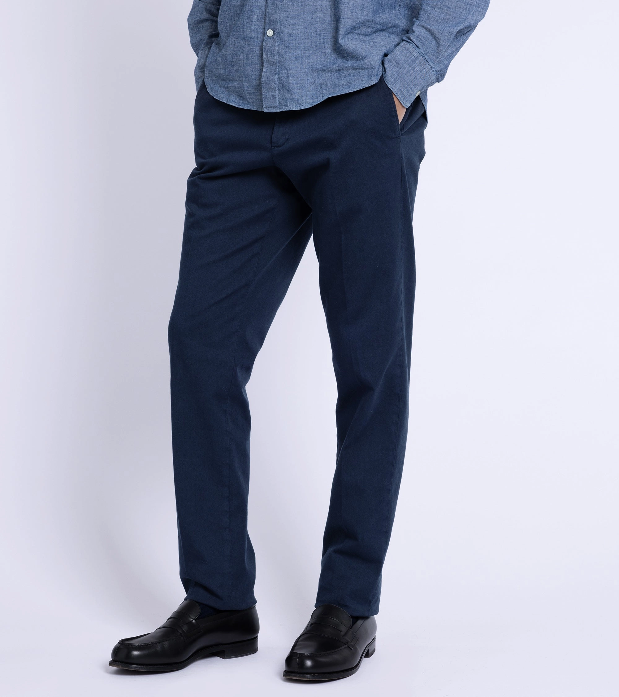 Trunk Palmer Flat Front Cotton Twill Trousers: Light Navy Adjustable Closure Core Support