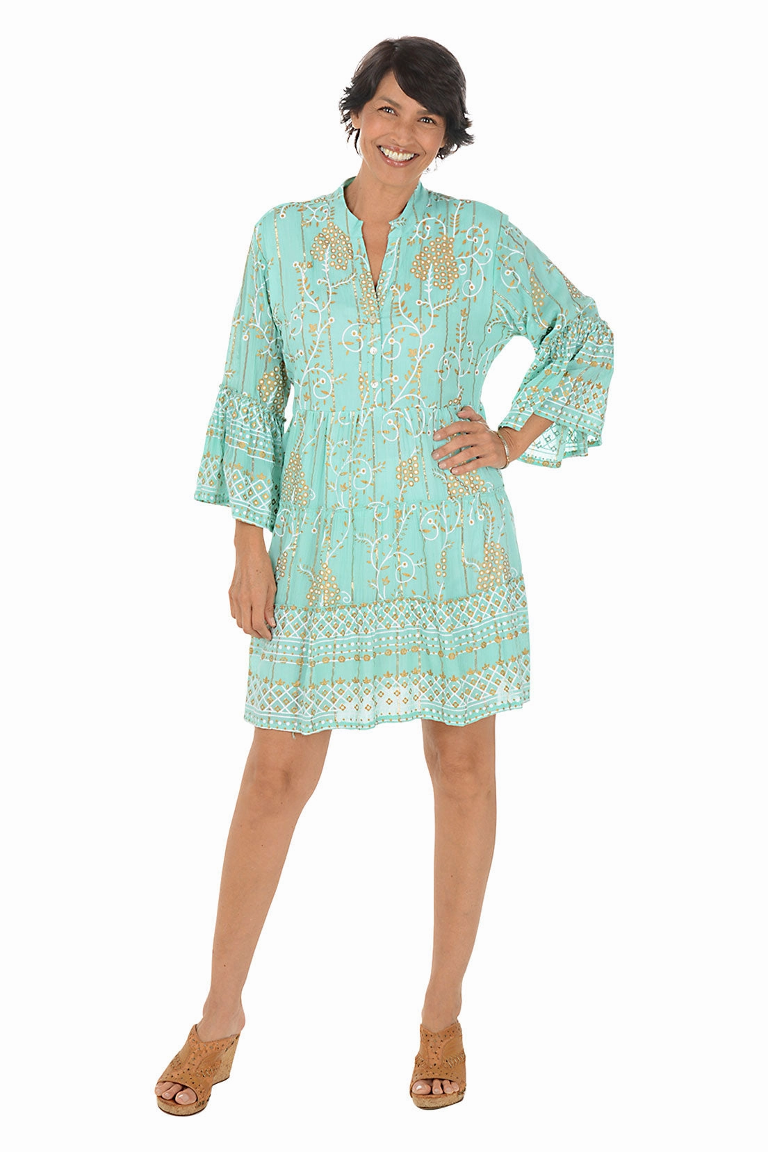 Golden Scrolls Bell Sleeve Tiered Dress DeepPocketStyle Event Favorite