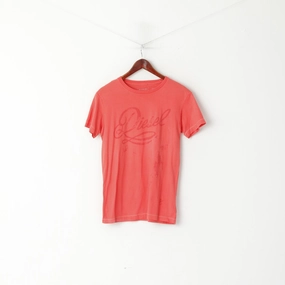 Diesel Men M Shirt Peach Cotton Graphic Crew Neck Slim Fit Top Bohemian style