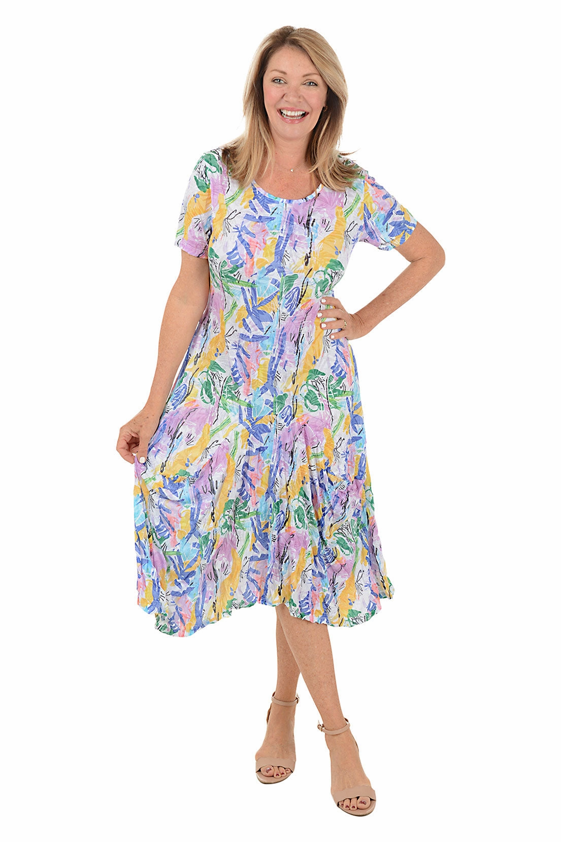 Mardi Gras Short Sleeve Draped Dress Zip Closure