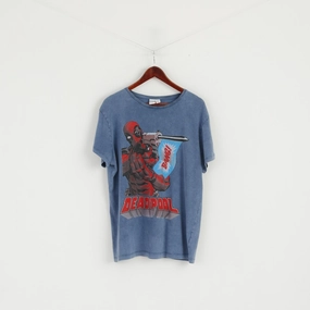 Everyday Fashion Look Marvel Men XL T- Shirt Blue Cotton Graphic Deadpool Faded Short Sleeve Top