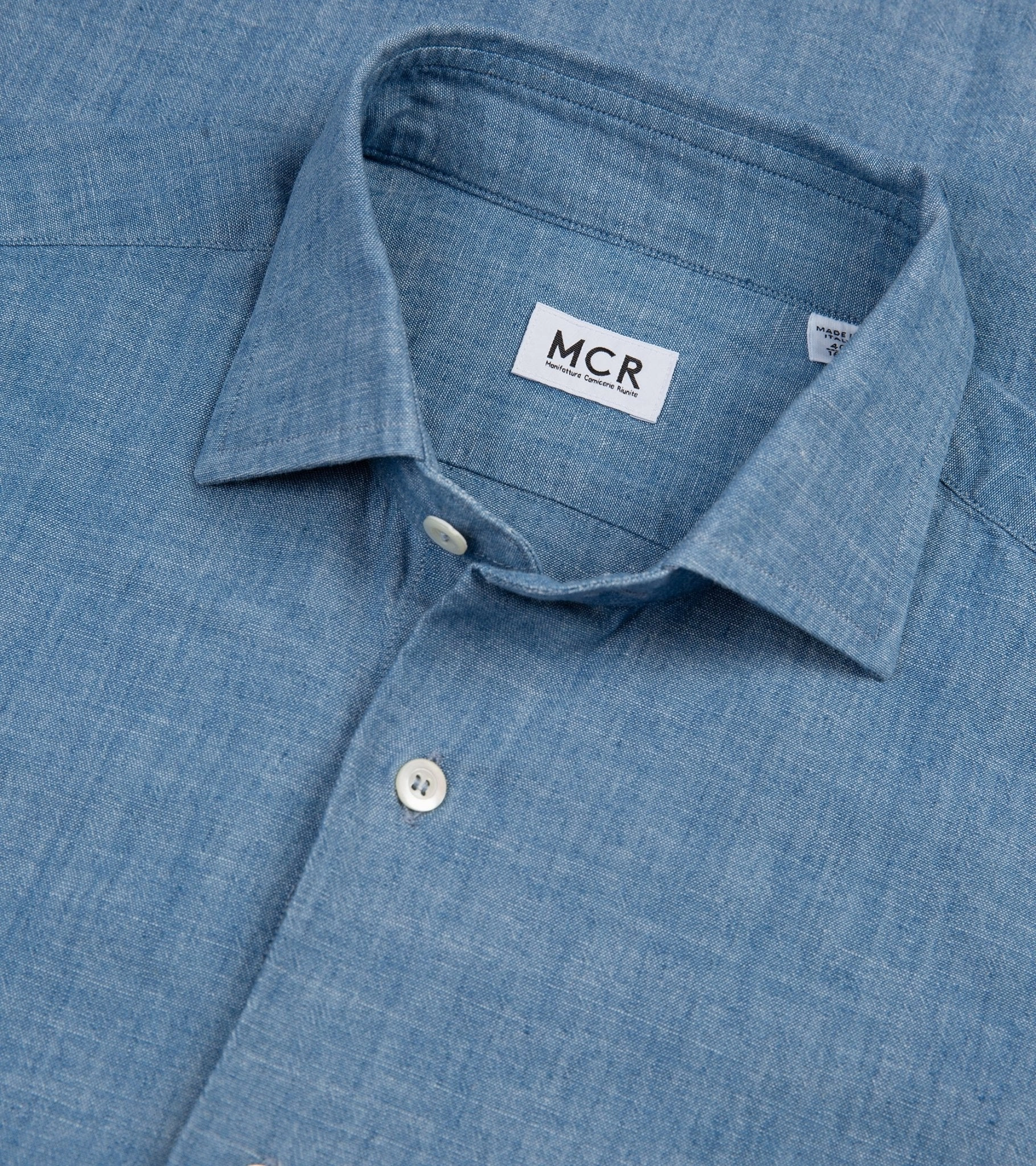 MCR Slim Japanese Chambray Shirt: Light Blue Seamless Sides Ruffle Edge