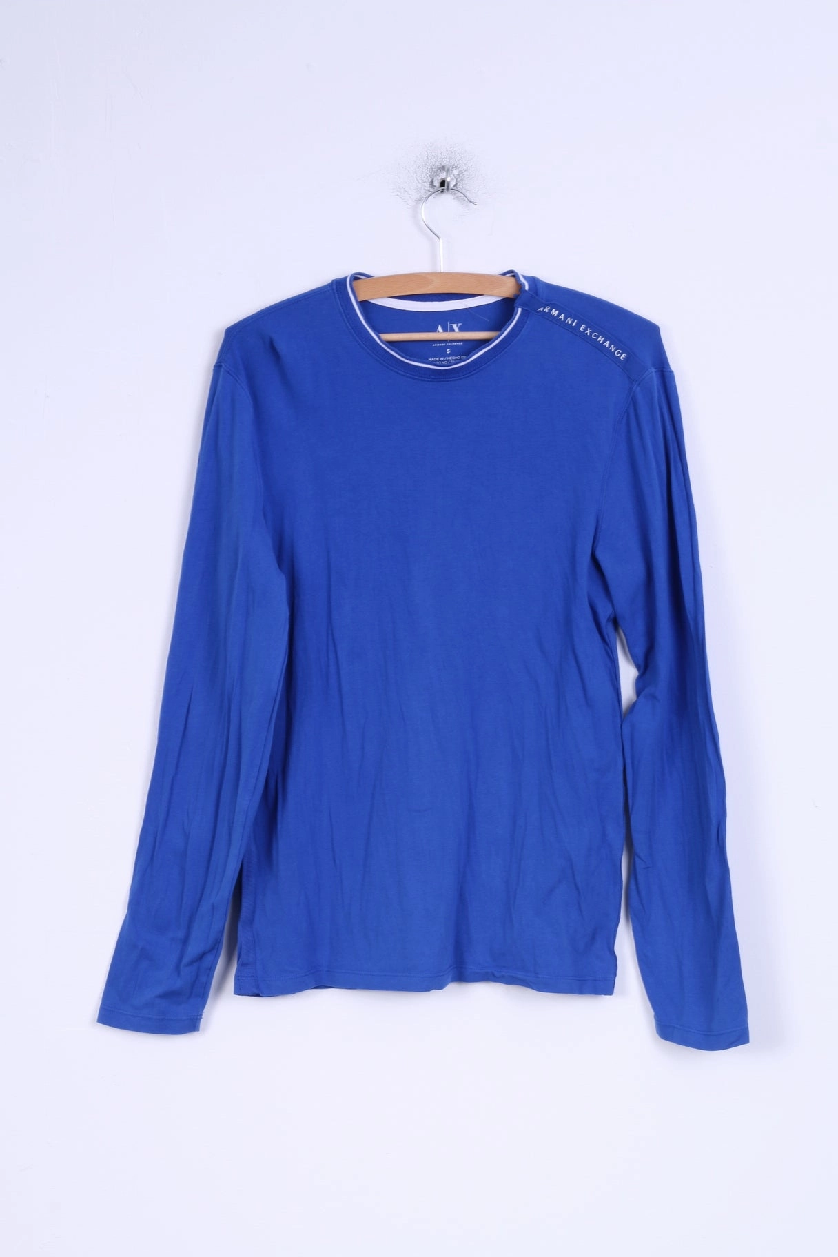 Sleek Performance Wear Armani Exchange Mens S Shirt Blue Long Sleeve Stretch Cotton Crew Neck