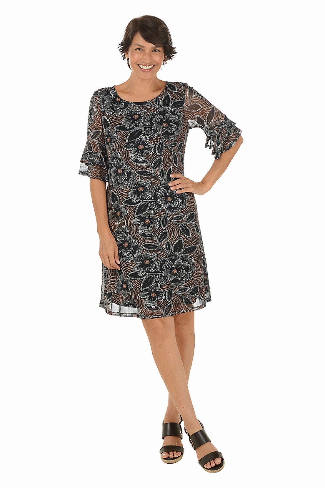 Natural Floral Mesh Ruffle Sleeve Dress Form Fit