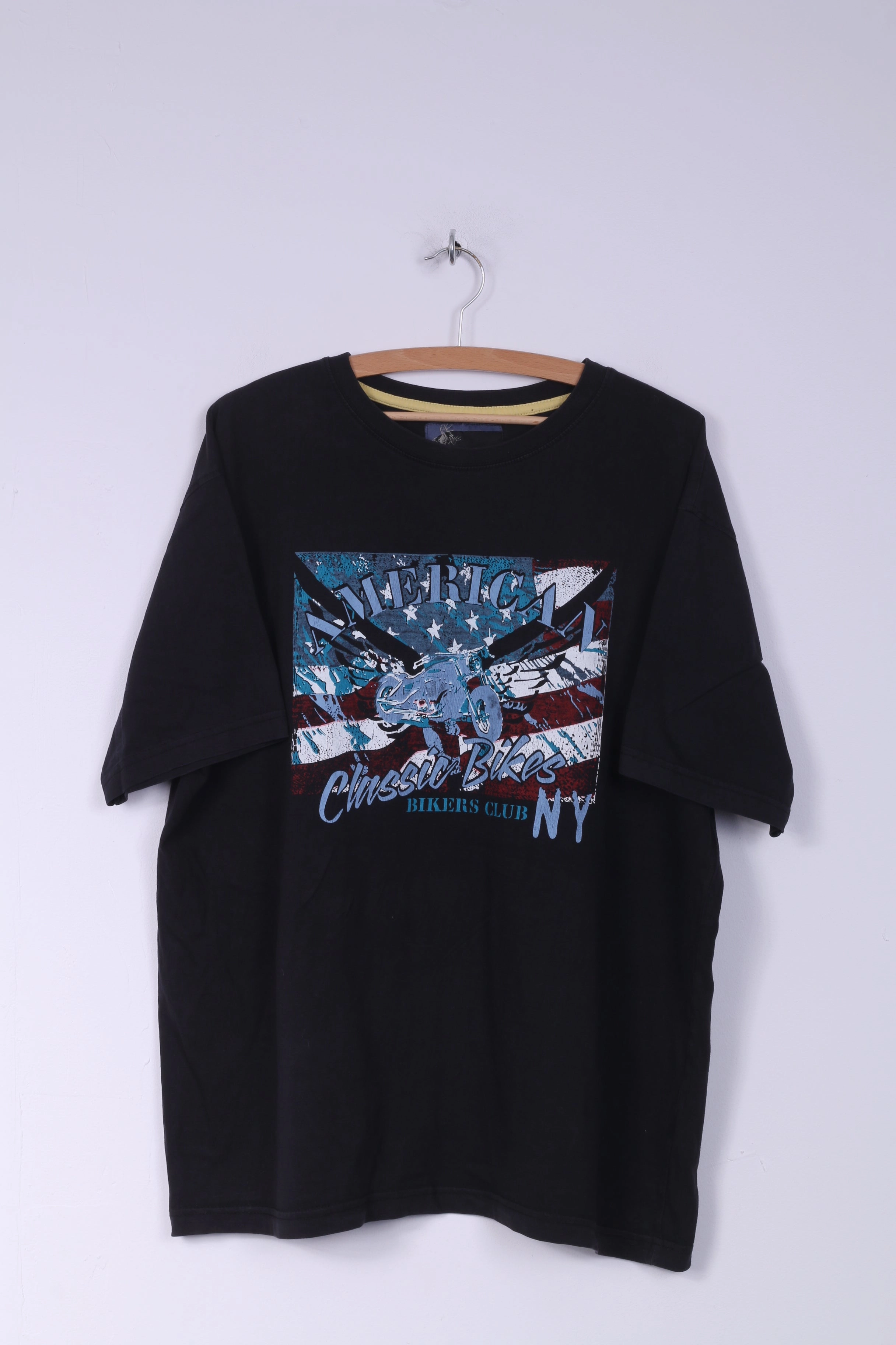 Casual Day Wear ReinforcedNeckline Moto Shop Freedom Mens XL Shirt Graphic Classic Bikers Club Navy Cotton