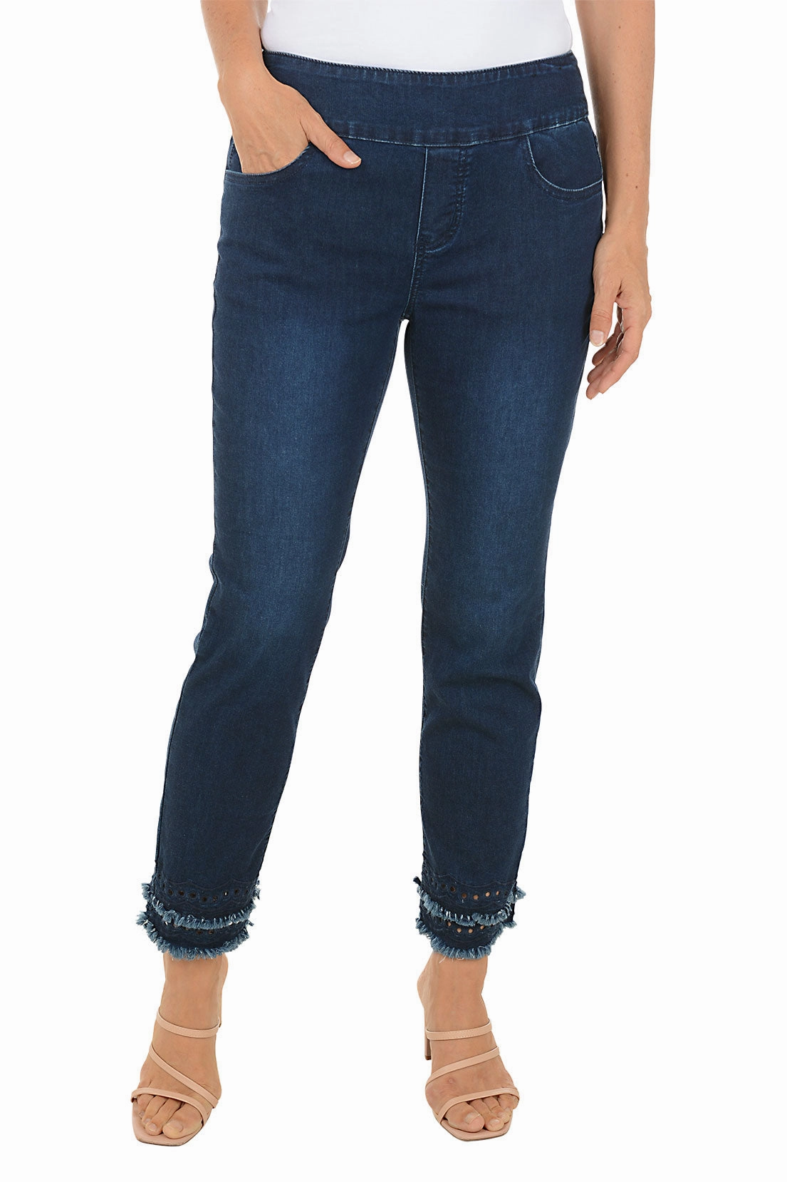 Dark Denim Double Fringe Eyelet Ankle Pant Light Fit