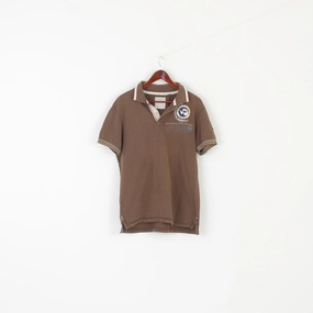 Napapijri Men L Polo Shirt Brown Cotton Paradise Survey Vintage Summer Top Casual Appeal