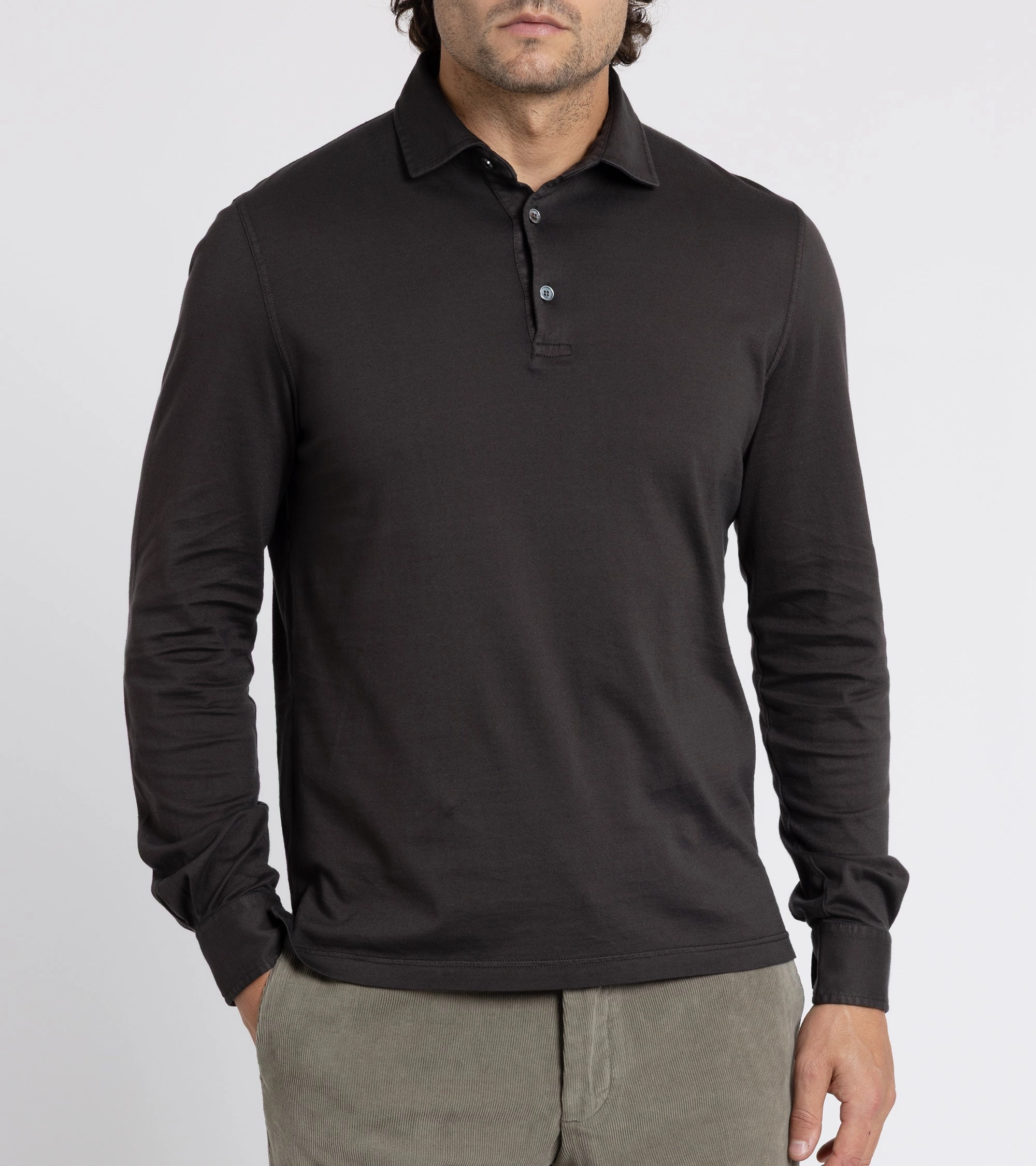Fedeli Zero Organic Cotton Jersey Long Sleeve Polo Shirt: Dark Chocolate Comfortable fit