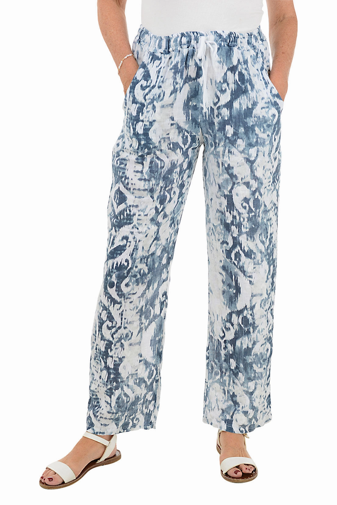 Durable Waistband Navy Ikat Linen Pant