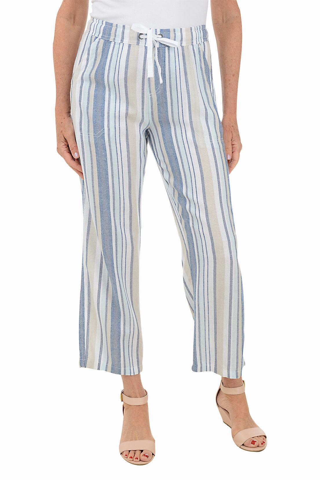 Sporty Comfort Fit Natural Blue Striped Linen Blend Pant