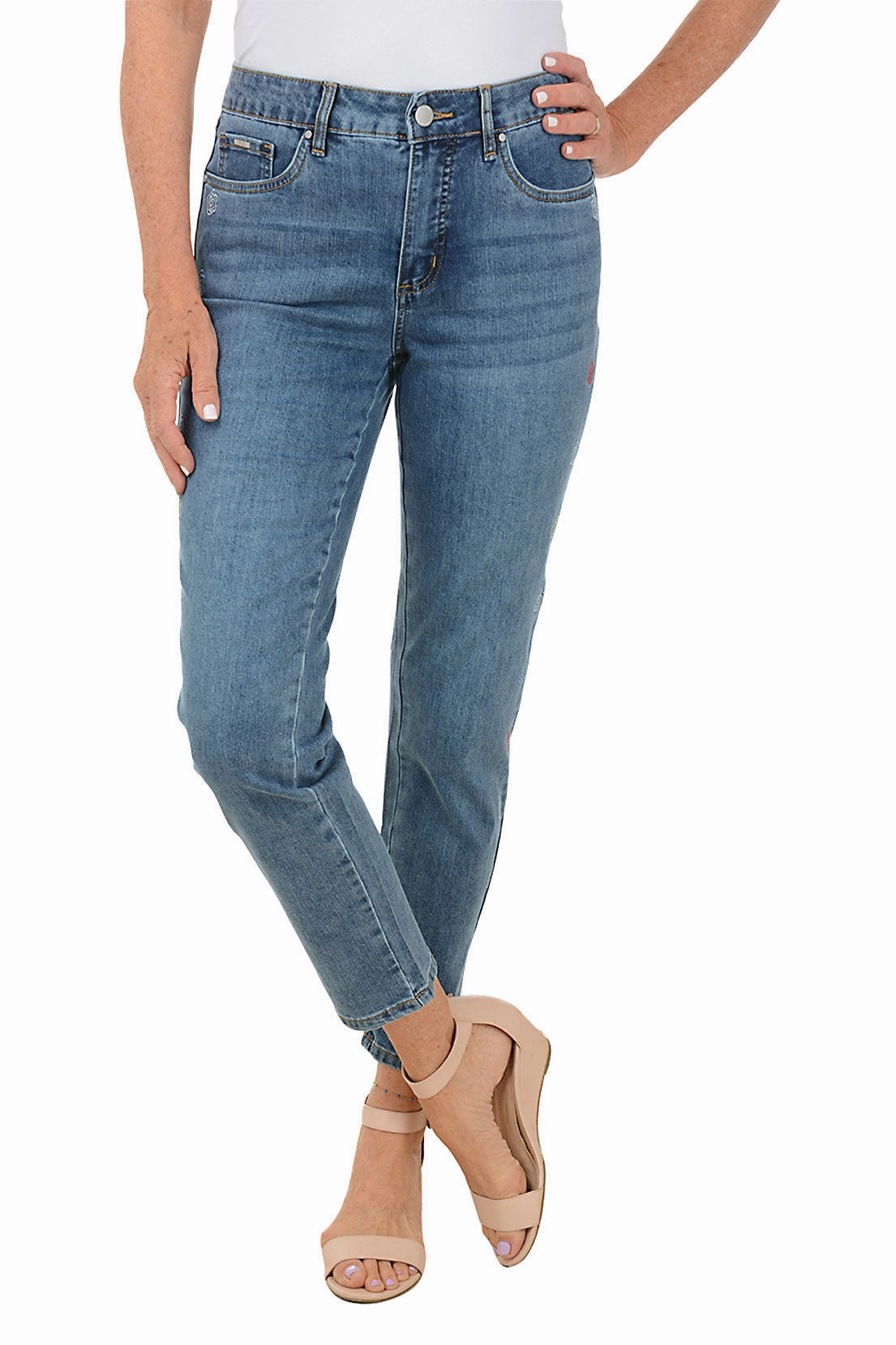 Sporty Vibe Rose Embroidered Denim Ankle Pant