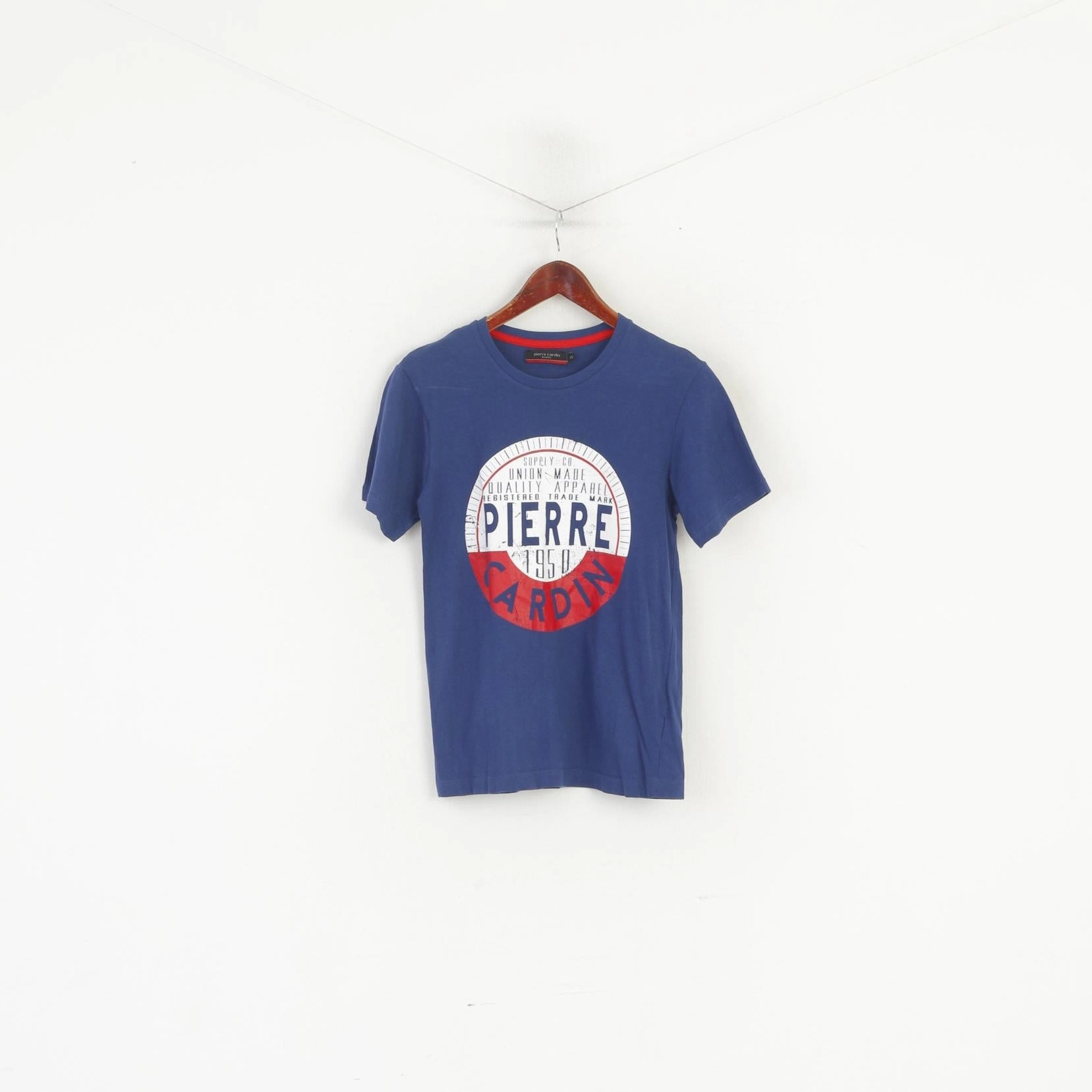 Breathable Yarn Composition Relaxed Fit Design Pierre Cardin Paris Men XS Shirt Blue Cotton Graphic Big Logo Crew Neck Top