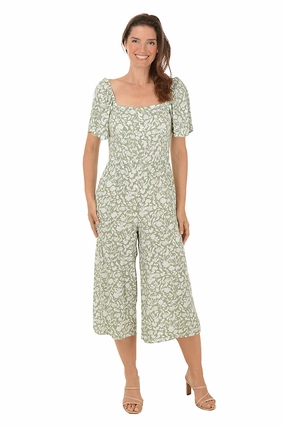 Olive Floral Square Neck Jumpsuit Elegant Detail Casual and Smart