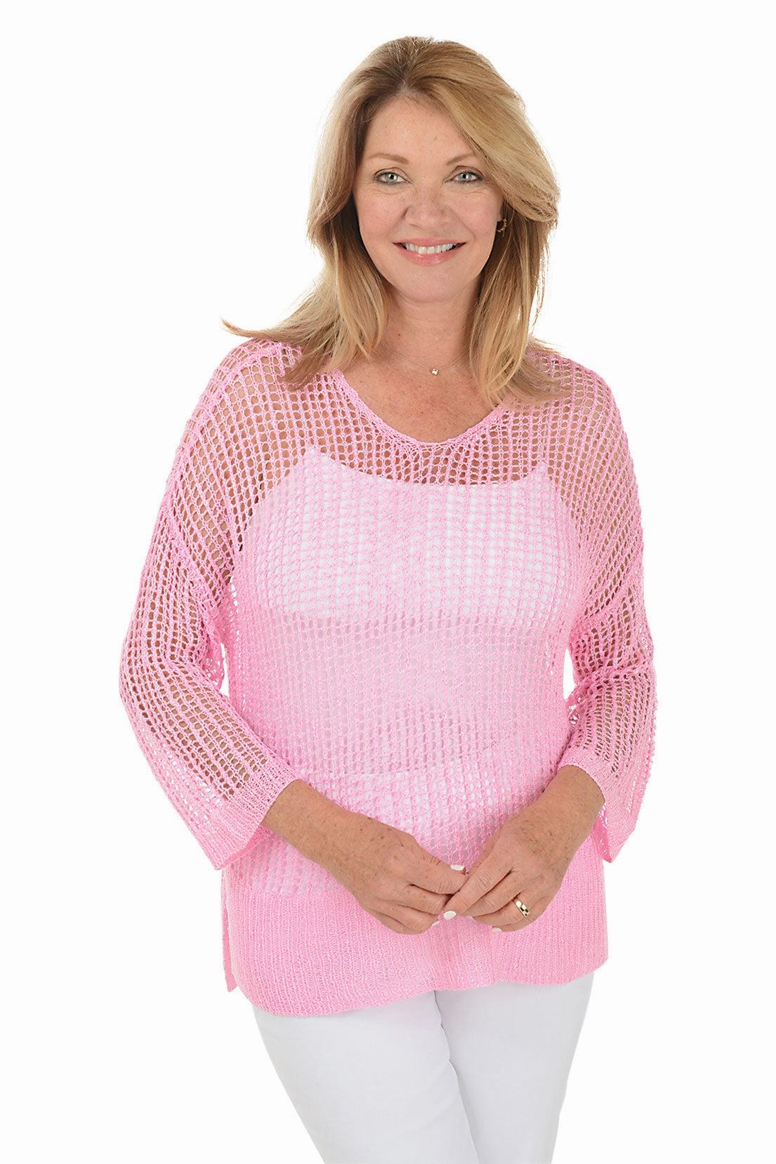 UV Protection Fabric Layer Option Open Crochet High-Low Sweater