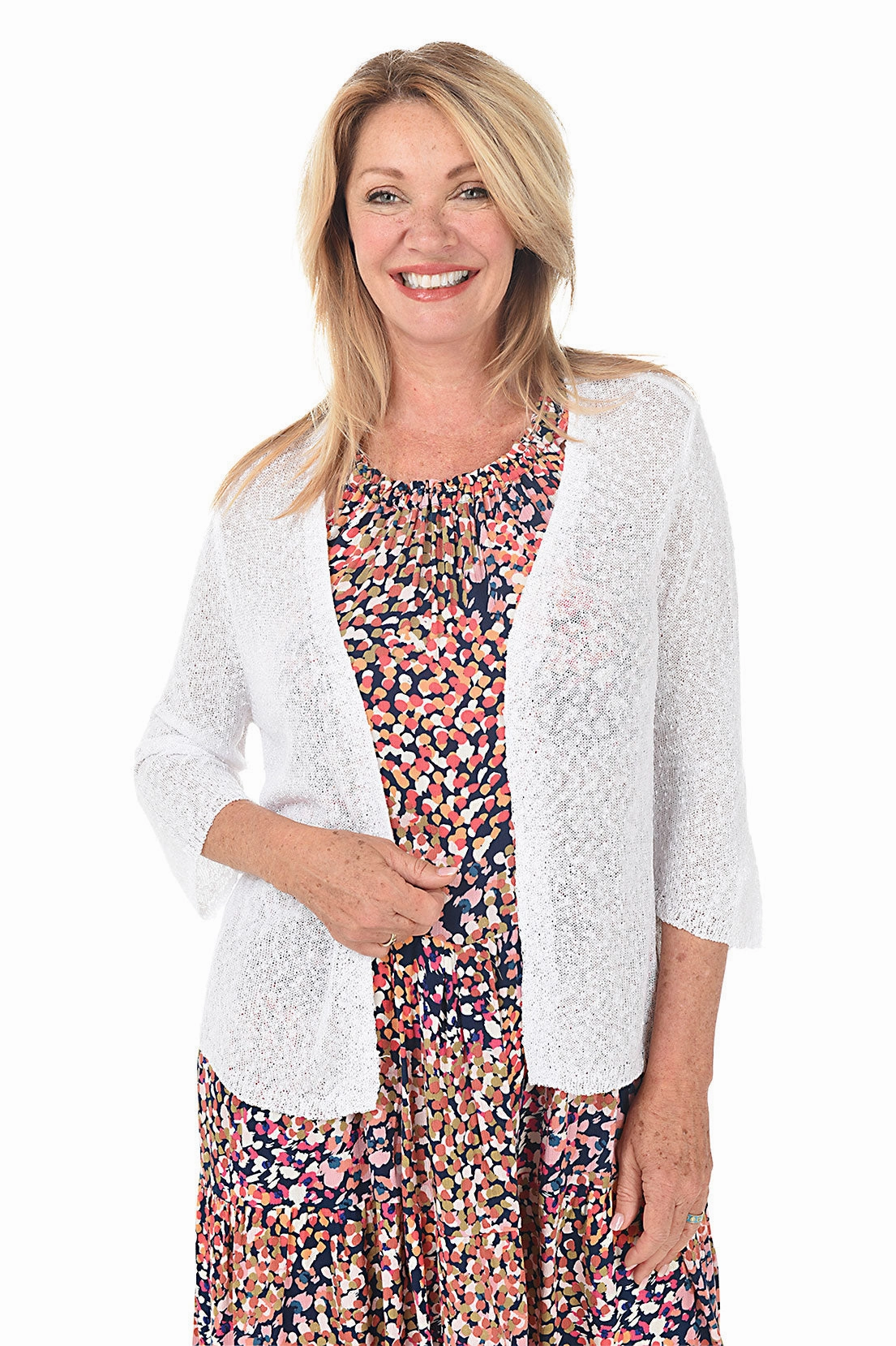 Odor Resistant Treatment Open Knit 3/4 Sleeve Cardigan