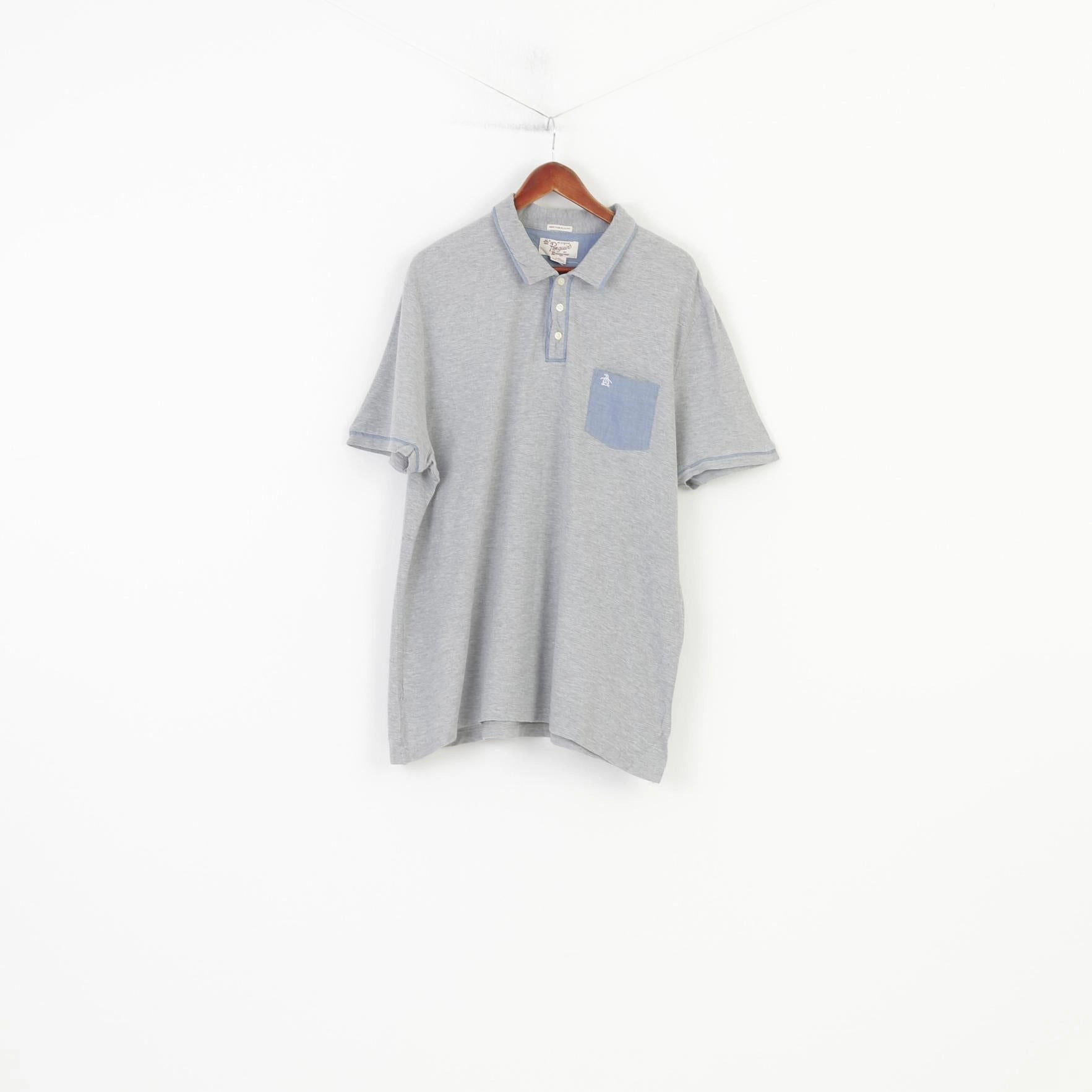 Original Penguin Men XXL Polo Shirt Grey Cotton Heritage Slim Fit Collar Bottoms Vintage  Top Quick Fit Performance