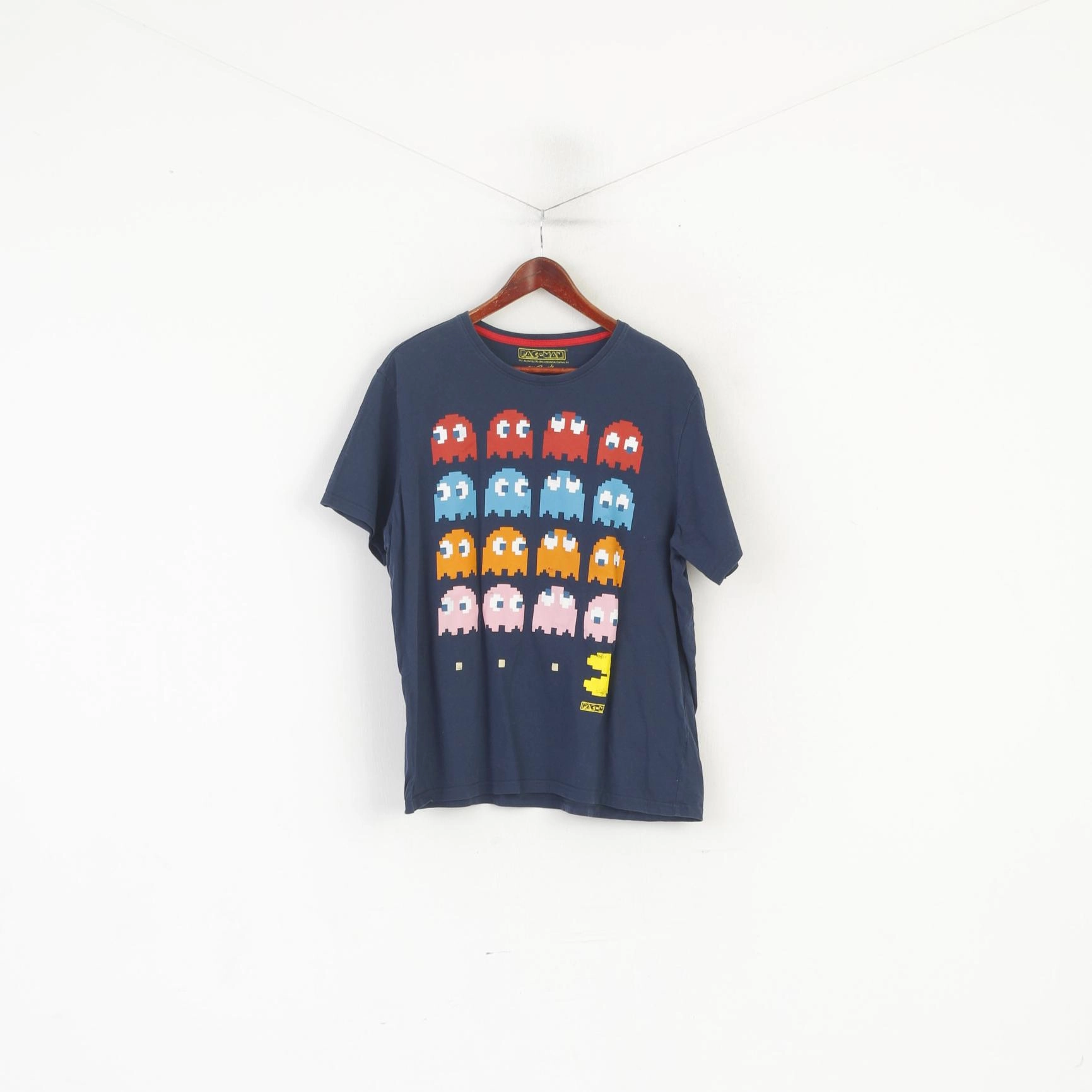 Pac-Man by Branado Men XL Shirt Navy Cotton Graphic Game Pac-Man Top Self Fabric Tape Stylish Look