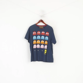 Pac-Man by Branado Men XL Shirt Navy Cotton Graphic Game Pac-Man Top Self Fabric Tape Stylish Look
