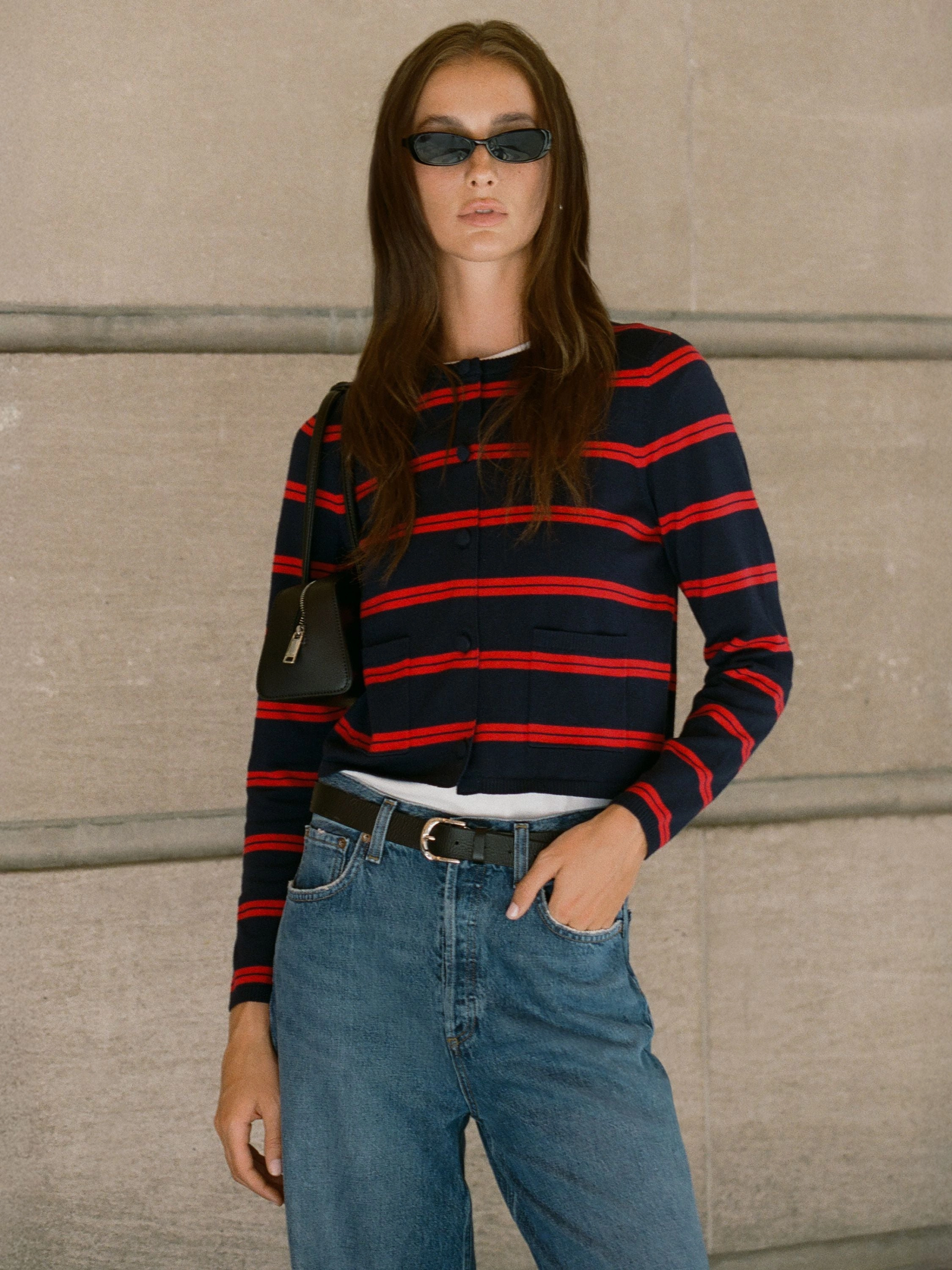 Sleek Texture Reinforced Neckline Padma Fine Knit Striped Cardigan