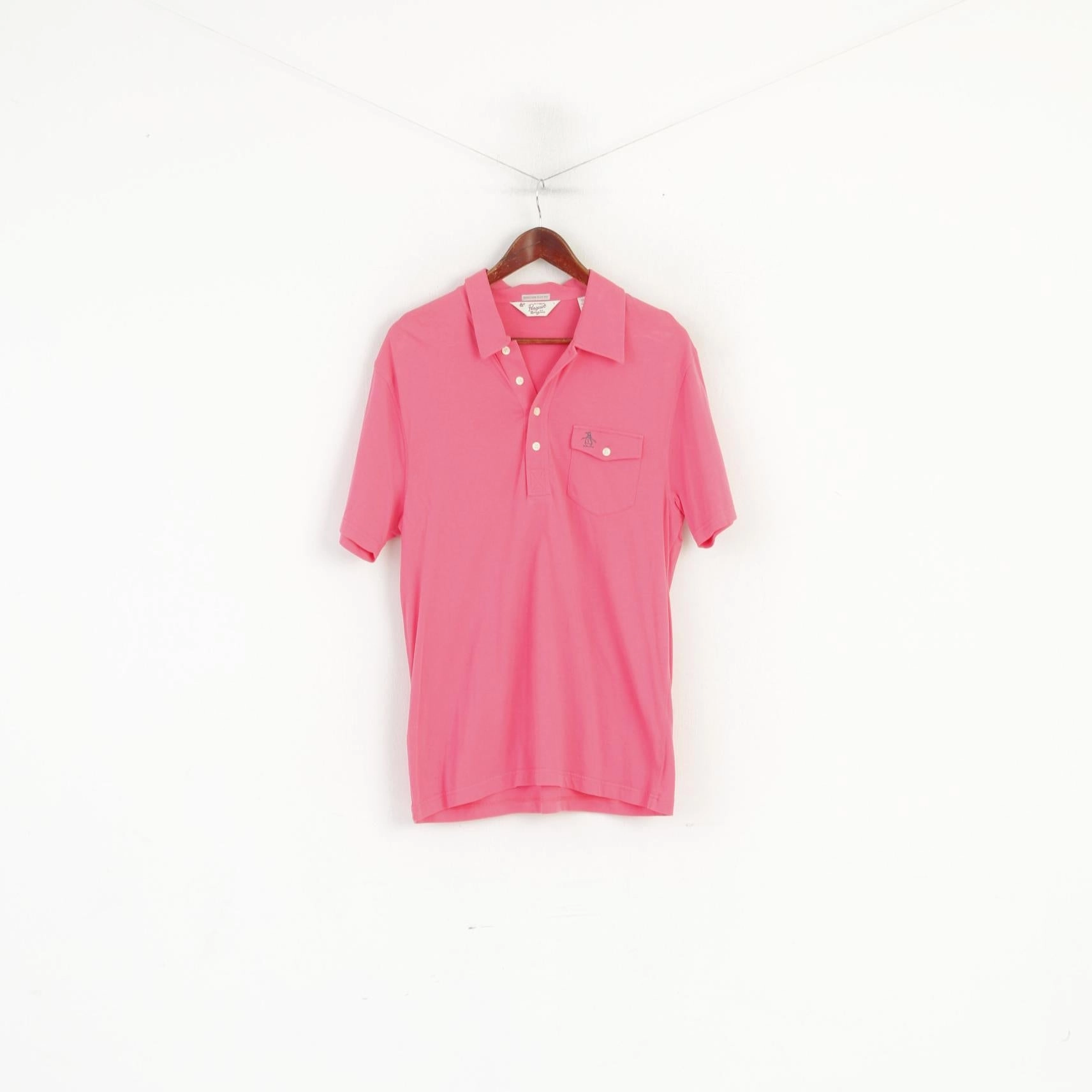 Soft and durable Penguin Men L Polo Shirt Pink Cotton Heritage Slim Fit Pocket Plain Top
