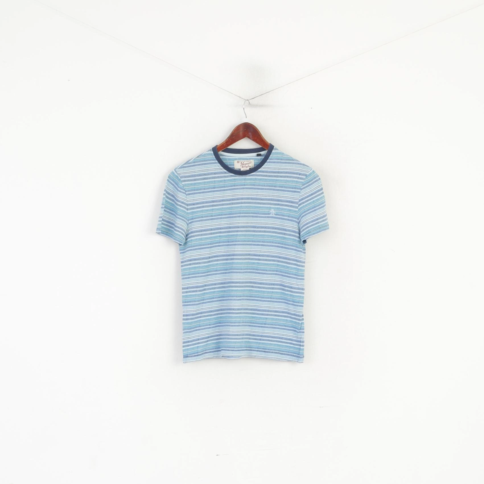 Penguin Men S (XS) Shirt Blue Cotton Striped Crew Neck Classic Top Weekend Smart Look