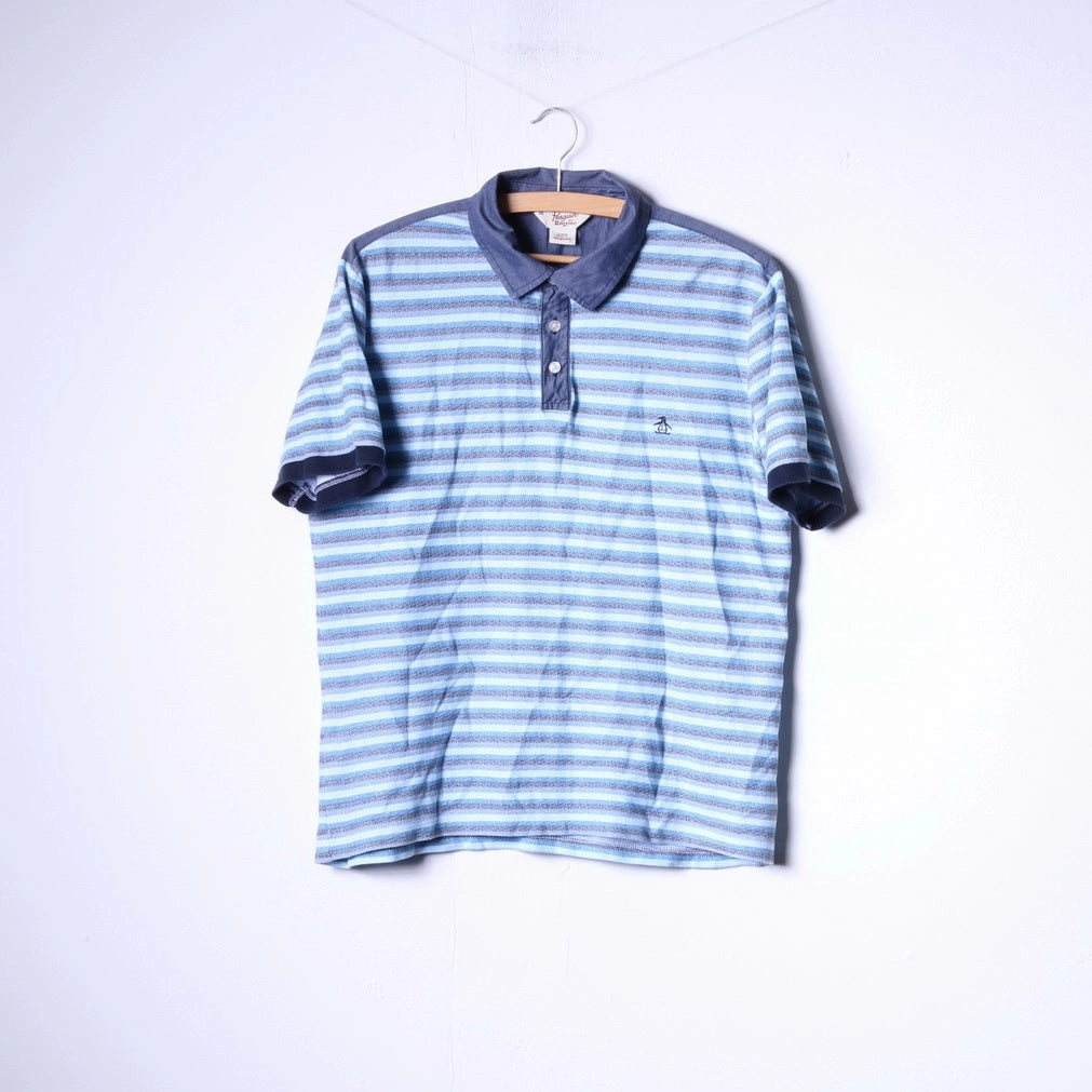 Multi Panel Design Penguin Mens L (M) Polo Shirt Blue Striped Cotton Buttons Detailed Top
