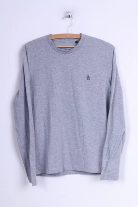 Penguin Mens S Long Sleeved Shirt Cotton Grey Crew Neck Sleek Waist