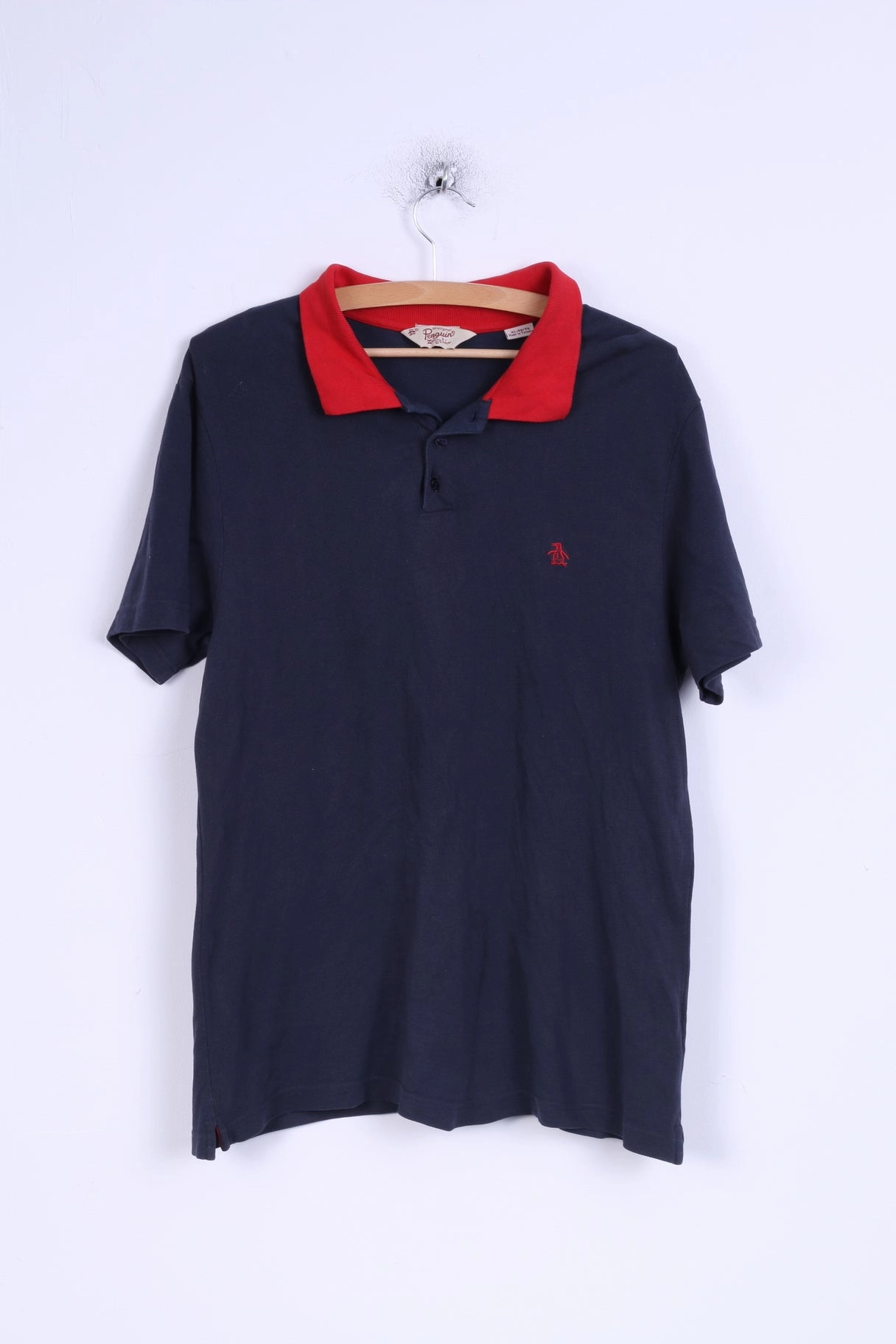 Penguin Mens XL Polo Shirt Navy Cotton Red Collar Detailed Buttons Travel Trend Look winter warmth
