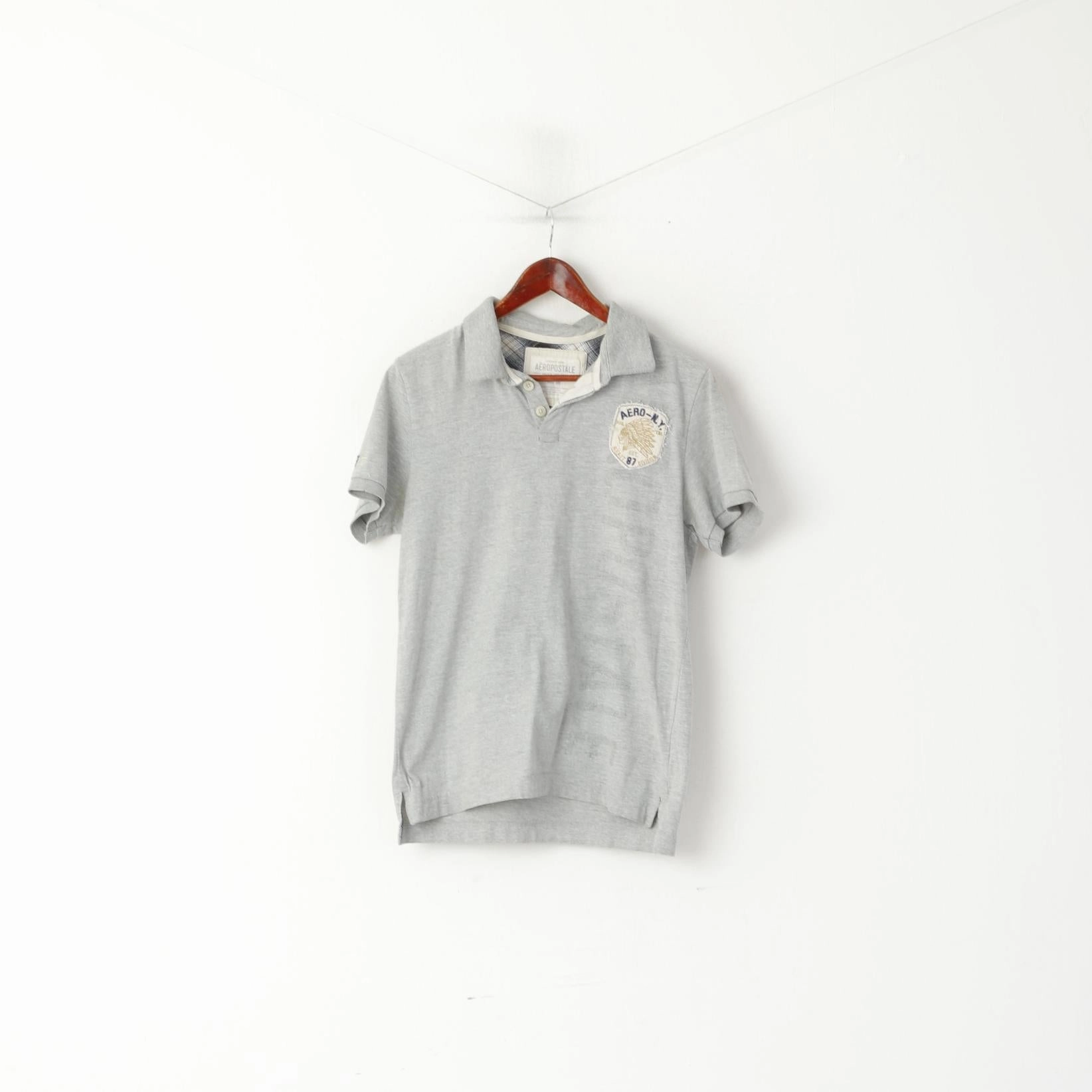 Aeropostale Men M Polo Shirt Grey Cotton 87 Division Vintage Detailed Buttons Top Running Gear