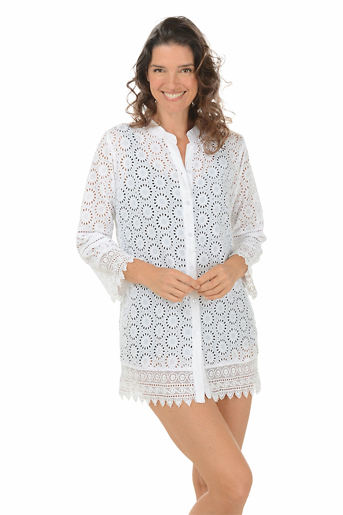 Eyelet Lace Button-Front Cover-Up Slim Silhouette