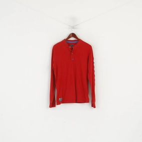 EasyCareFabric Diesel Men L Long Sleeved Shirt Red Cotton Button Neck Emroidered Sleeve Top