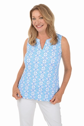 Periwinkle Optical Daisy UPF50  Split Neck Sleeveless Top Special-Edition Texture Softness