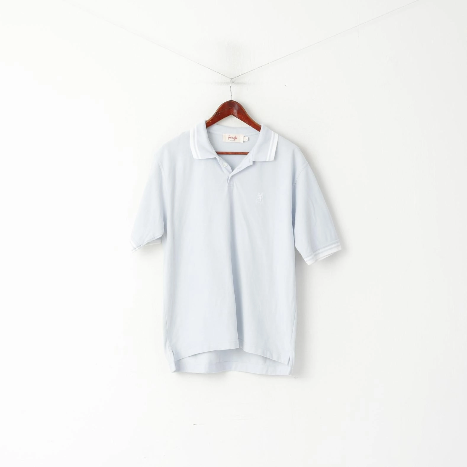 Cozy Layering Chilly Wear Pringle Scotland Men L Polo Shirt Light Blue Cotton Detailed Buttons Plain Top