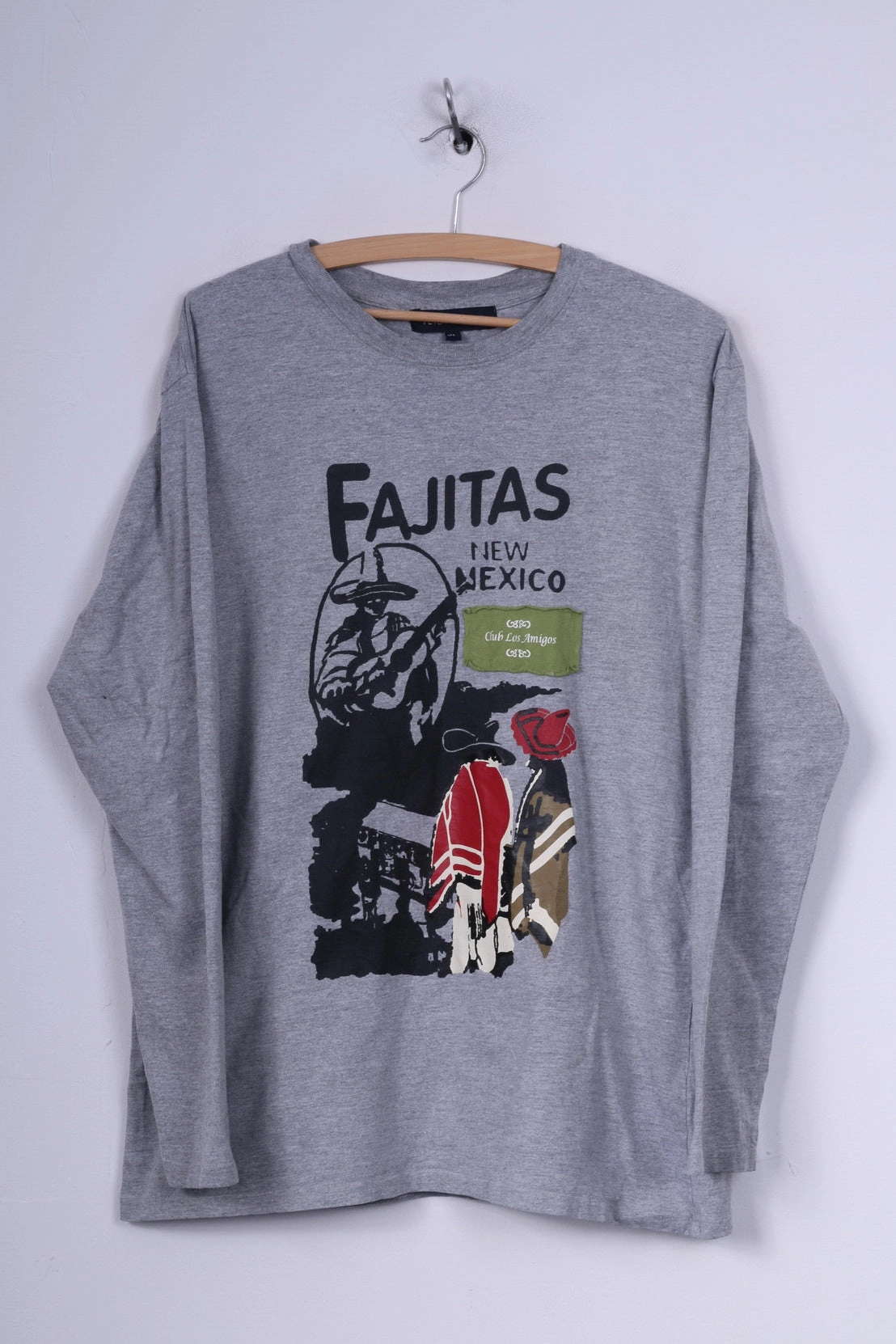 Printed design FadeResistant Coating Peter Gordon Mens XL(L)Graphic Shirt Long Sleeve Grey Cotton Crew Neck Club Los Amigos