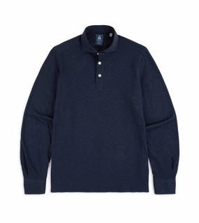 Non Restrictive Armhole Subtle Details Finamore Orlando Cotton Cashmere Polo Shirt: Navy