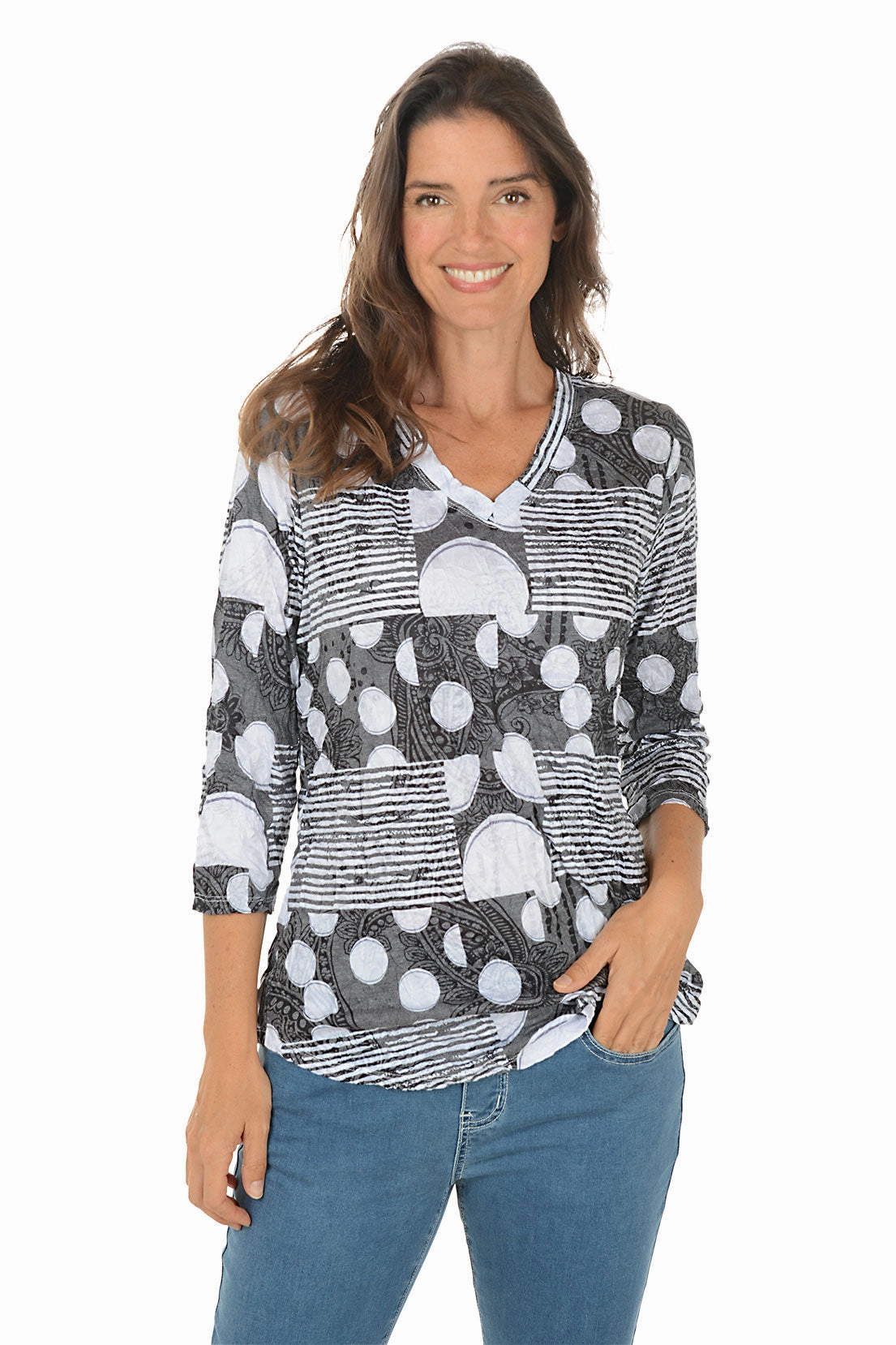 Hypoallergenic Lining Polka Dot Stripes Crinkle V-Neck Top