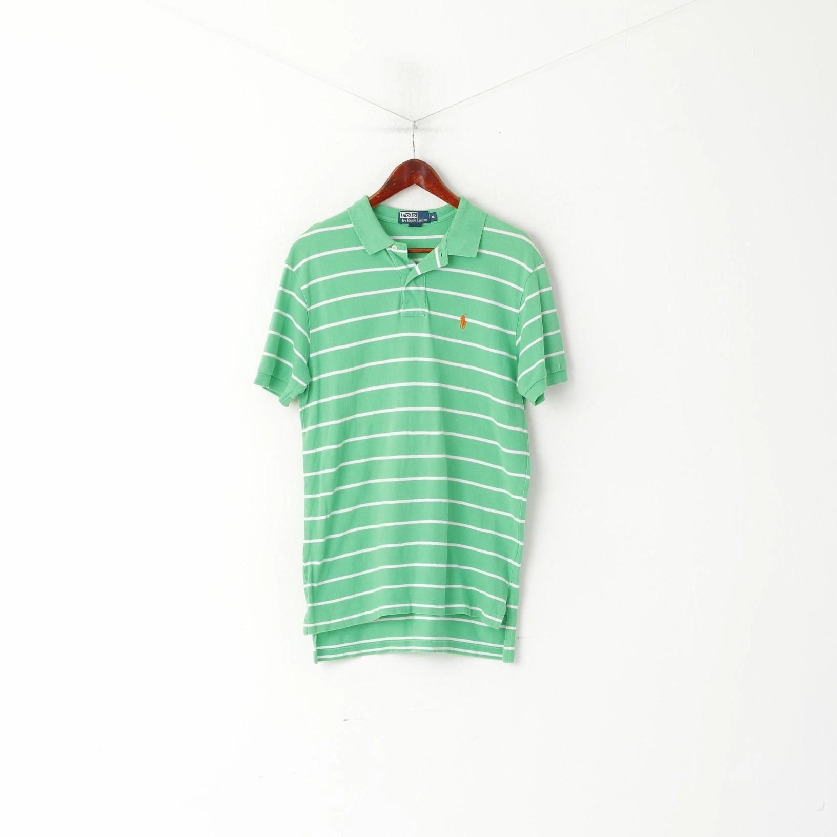 Polo By Ralph Lauren Men M Polo Shirt Green Striped Cotton Logo Classic Top Layered Collar Structure Trendy Comfort Fit