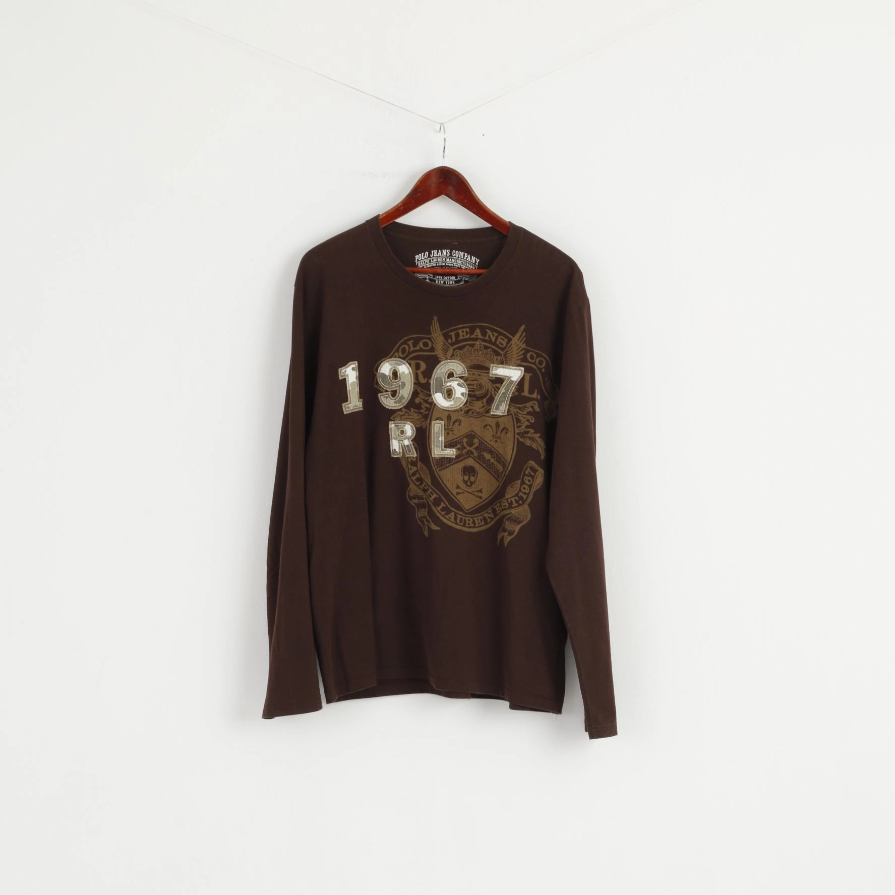 Polo Jeans Ralph Lauren Men XL Shirt Brown Crew Neck Long Sleeve Cotton Graphic Top DropShoulderDesign