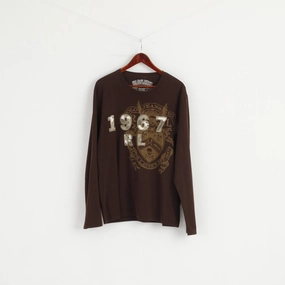 Polo Jeans Ralph Lauren Men XL Shirt Brown Crew Neck Long Sleeve Cotton Graphic Top DropShoulderDesign
