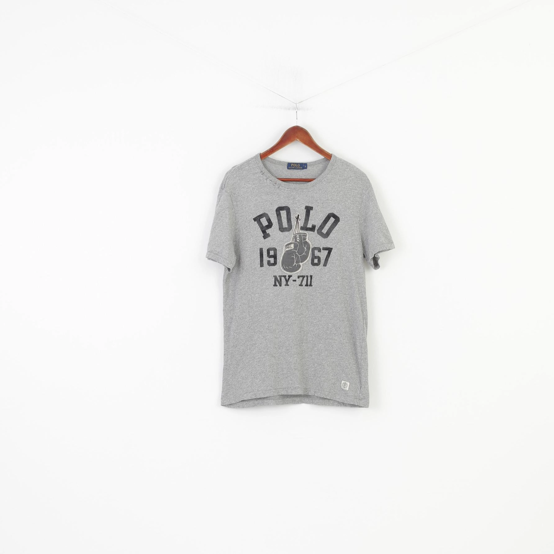 Polo Ralph Lauren Men L T-Shirt Grey Short Sleeve Cotton Vintage Top UV Protective Coating proper length