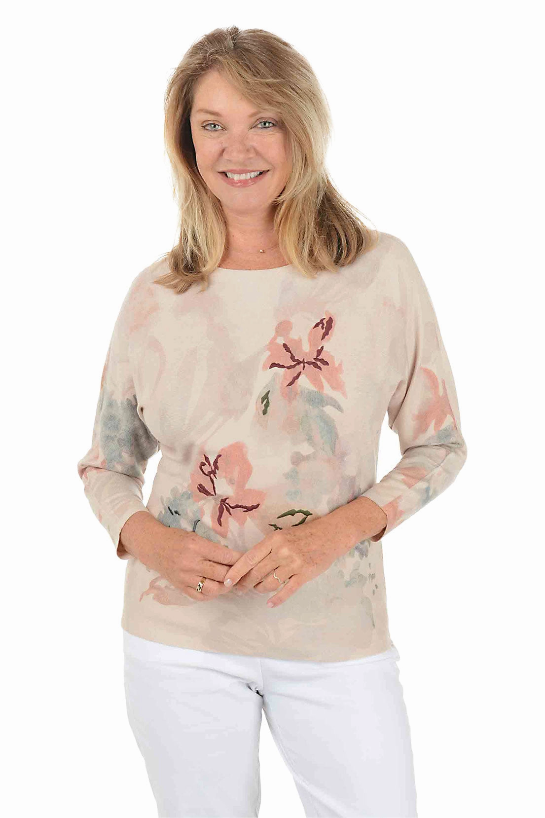 Thermoregulating Technology Durable Weave Potpourri Floral Embroidered Dolman Sleeve Sweater