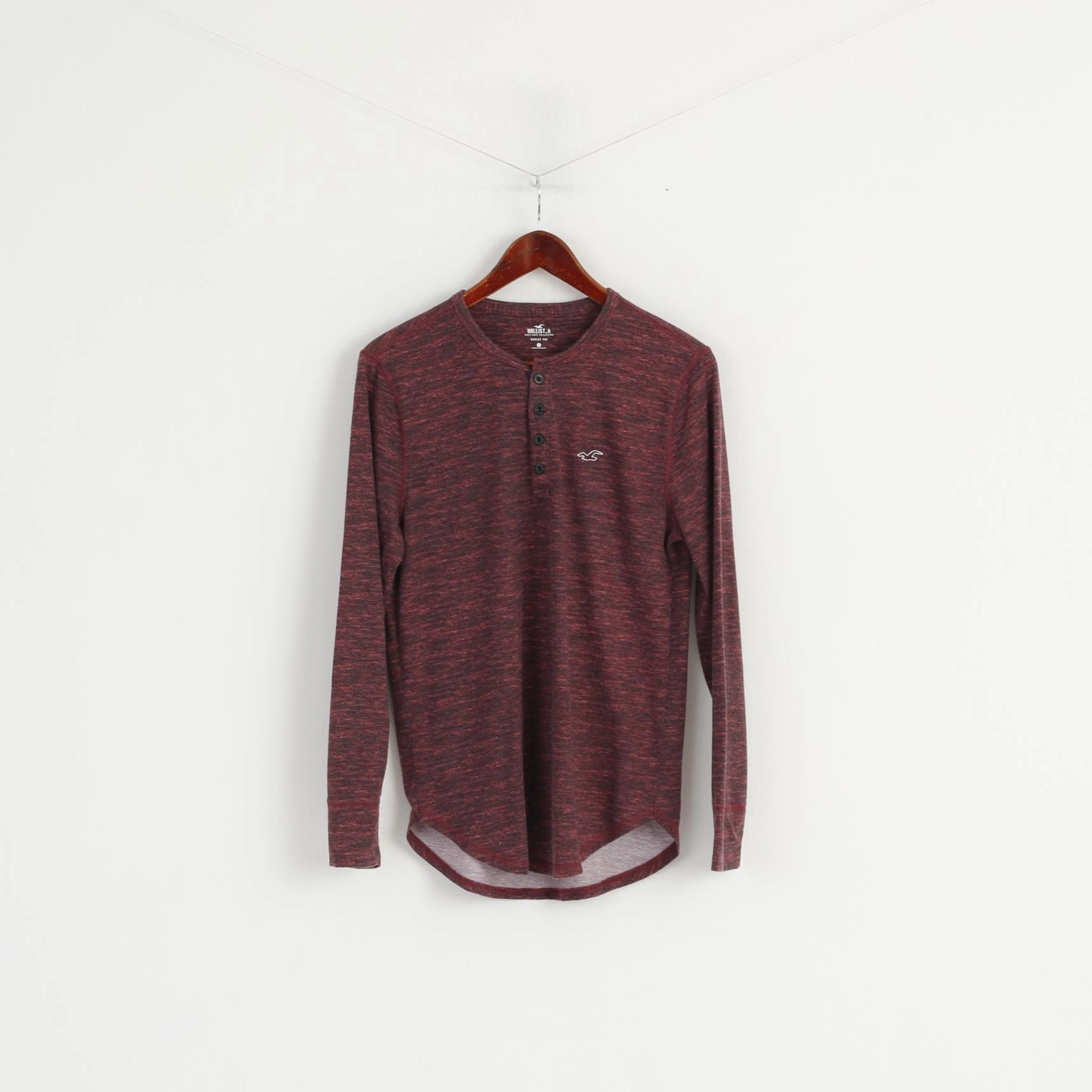 Hollister Men S Long Sleeved Shirt Maroon Cotton Henley Tee Basic Stretch Top Cool and Comfortable Summer Ready