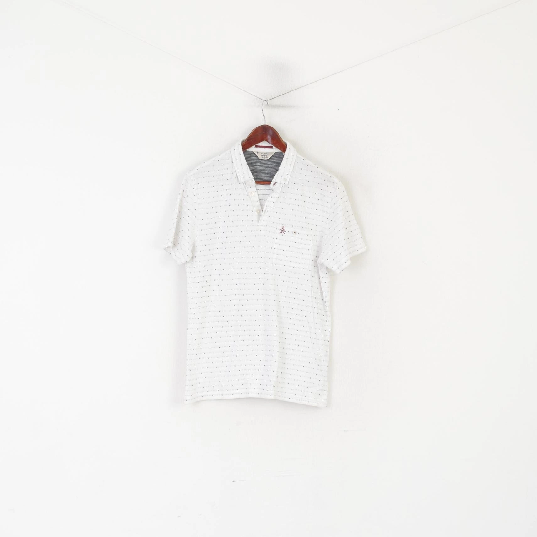 Summer Casual Penguin Men M Polo Shirt White Cotton Printed Detailed Buttons Logo Top