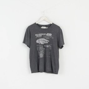 Street Casual Scoop neck Star Wars Men L T-Shirt Grey Cotton Crew Neck Graphic Millennium Falcon Top