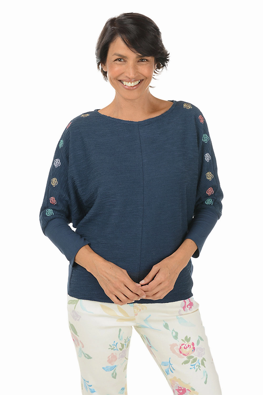 Rose Embroidered Batwing Sleeve Sweater FourWay Stretch Fabric