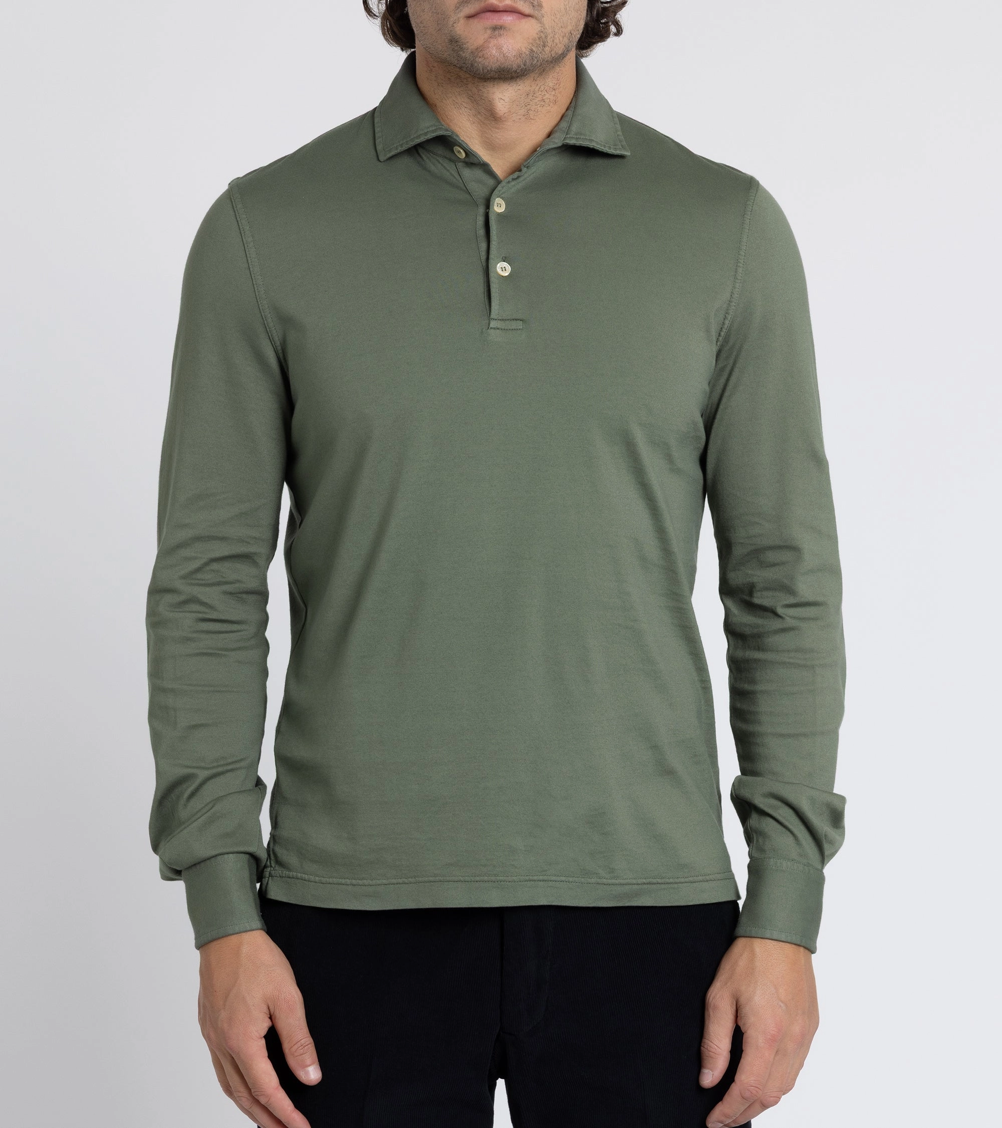 Sleek Fit Fedeli Zero Organic Cotton Jersey Long Sleeve Polo Shirt: Olive Green