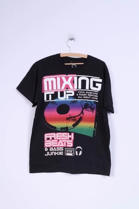 Essential Look Primark Mens M T-Shirt Cotton Black Graphic Vinyl Mashups Summer