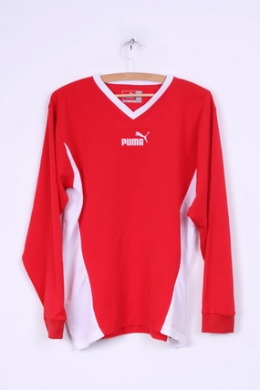 Easy Fit Wear Puma Mens M Long Sleeved Shirt Red Sport V Neck Trainig Top