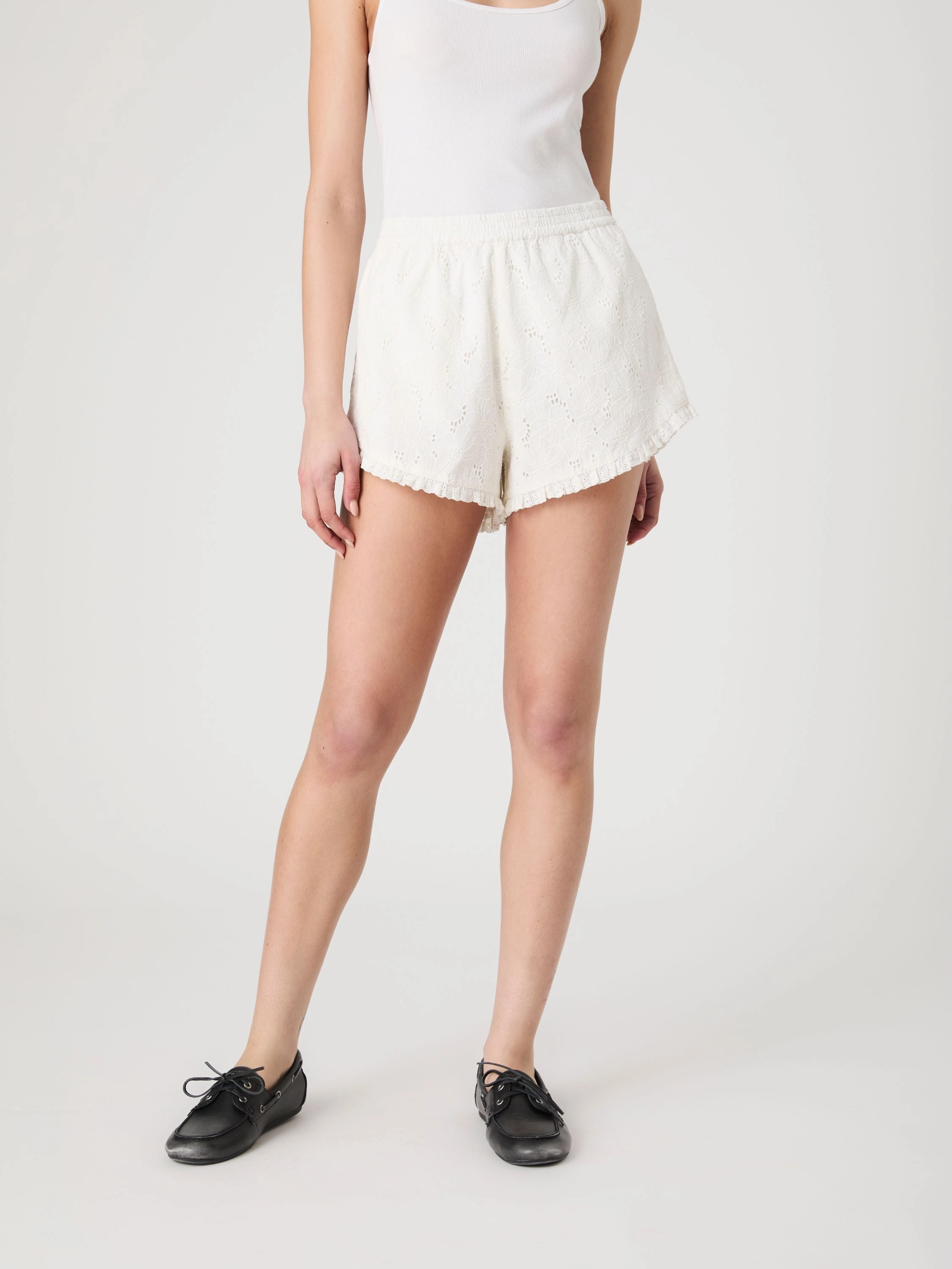 Eyelet Ruffle Hem Shorts Fun Prints Denim shorts