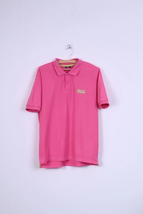 Lonsdale London Mens S Polo Shirt Pink Neon Cotton Short Sleeve Top Non Irritating Tags PreShrunkCotton
